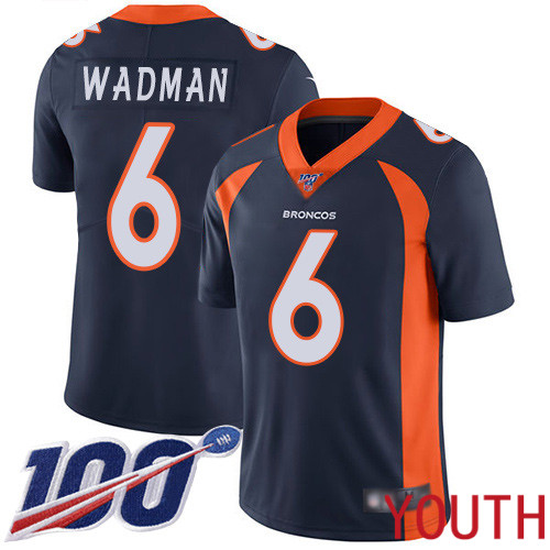 Youth Denver Broncos #6 Colby Wadman Navy Blue Alternate Vapor Untouchable Limited Player 100th Season Football NFL Jersey->youth nfl jersey->Youth Jersey